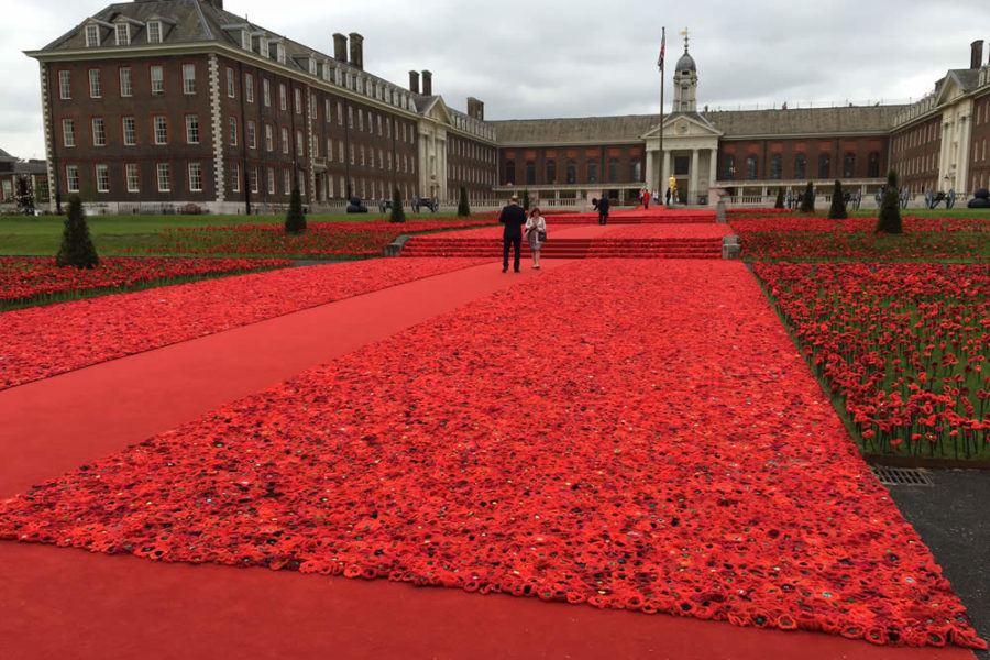 The sea of 5,000 red crocheted poppies representing the fallen of World War I